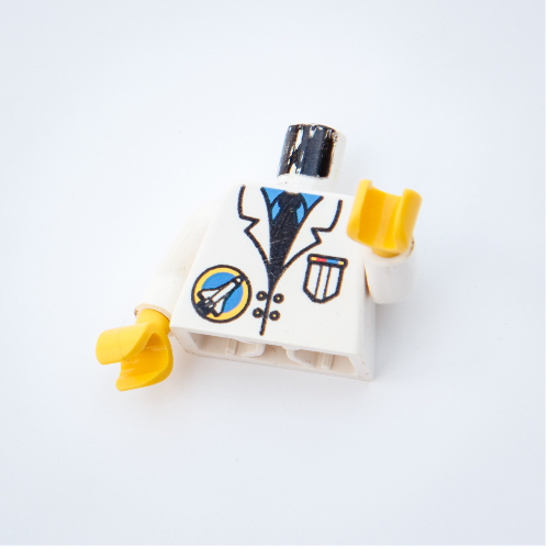 Visuel indicatif Rebrickable de Torse, veste avec logo de port d'espace manteau de laboratoire, cravate et poche imprimé, bras blancs, mains jaunes (Torso, Jacket with Space Port Logo Lab Coat, Tie and Pocket Print, White Arms, Yellow Hands)