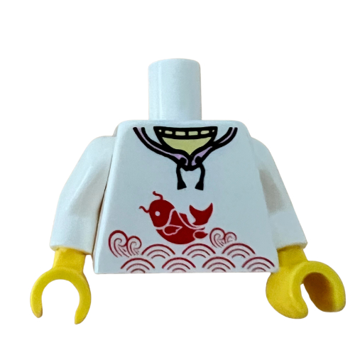 Visuel indicatif Rebrickable de Torse, sweat à capuche, koi rouge avec motif imprimé vagues, bras blancs, mains jaunes (Torso, Hoodie, Red Koi with Waves Print, White Arms, Yellow Hands)