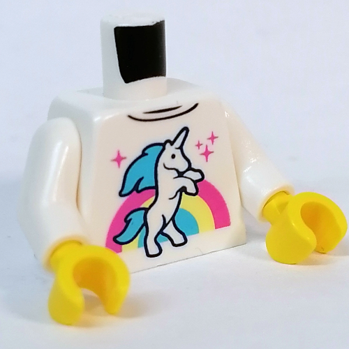 Visuel indicatif Rebrickable de Torse, Licorne, Motif imprimé arc-en-ciel, bras blancs, mains jaunes (Torso, Unicorn, Rainbow Print, White Arms, Yellow Hands)