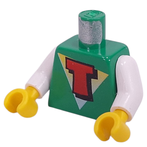 Visuel indicatif Rebrickable de Torse, Triangle blanc et jaune et motif imprimé rouge 'T' (Freestyle Timmy), bras blancs, mains jaunes (Torso, White and Yellow Triangle and Red 'T' Print (Freestyle Timmy), White Arms, Yellow Hands)