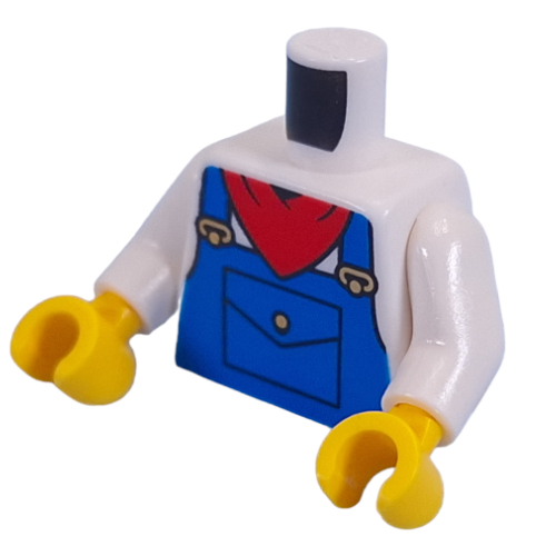 Visuel indicatif Rebrickable de Torse, bleu dans l'ensemble, motif imprimé mouchoir rouge, bras blancs, mains jaunes (Torso, Blue Overall, Red Handkerchief Print, White Arms, Yellow Hands)