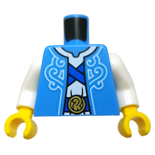 Torse, robe, tunique blanche, garniture bleue, ceinture, motif imprimé ceinture or, bras blancs, mains jaunes (Torso, Robe, White Tunic, Blue Trim, Belt, Gold Belt Buckle Print, White Arms, Yellow Hands)