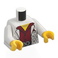 Visuel indicatif Rebrickable de Torse, veste blanche appelée, chemise rouge foncé, ceinture noire avec serpent argenté, poitrine jaune avec collier motif imprimé, bras blancs, mains jaunes (Torso, White Scalled Jacket, Dark Red Shirt, Black Belt with Silver Snake, Yellow Chest with Necklace Print, White Arms, Yellow Hands)