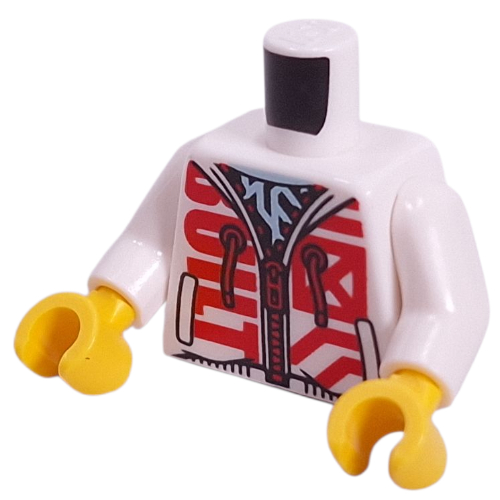 Torse, sweat à capuche avec texte rouge, lacets, fermeture à glissière, circuit bleu clair vif sur motif imprimé poitrine, bras blancs, mains jaunes (Torso, Hoodie with Red Text, Laces, Zipper, Bright Light Blue Circuitry on Chest Print, White Arms, Yellow Hands)