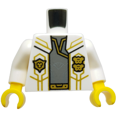 Torse, veste, or insignes de police, circuit, sable bleu chemise motif imprimé, bras blancs, mains jaunes (Torso, Jacket, Gold Police Badges, Circuitry, Sand Blue Shirt Print, White Arms, Yellow Hands)