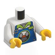 Torse, salopette bleue, koala en cercle, col vert citron, badge imprimé, bras blancs, mains jaunes (Torso, Blue Overalls, Koala in Circle, Lime Collar, Name Badge Print, White Arms, Yellow Hands)