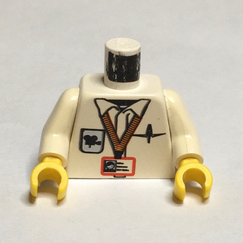 Visuel indicatif Rebrickable de Torse, chemise avec caméraman id, logo, stylo / clapboard à l'arrière motif imprimé, bras blancs, mains jaunes (Torso, Shirt with Cameraman ID, Logo, Pen / Clapboard on Back Print, White Arms, Yellow Hands)