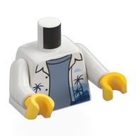 Torse, Chemise blanche ouverte, Chemise bleu sable, Motif imprimé Palmiers bleu foncé, bras blancs, mains jaunes (Torso, White Open Shirt, Sand Blue Shirt, Dark Blue Palm Trees Print, White Arms, Yellow Hands)