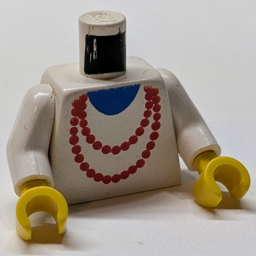 Torse, collier rouge et bleu maillot de corps motif imprimé, bras blancs, mains jaunes (Torso, Red Necklace and Blue Undershirt Print, White Arms, Yellow Hands)
