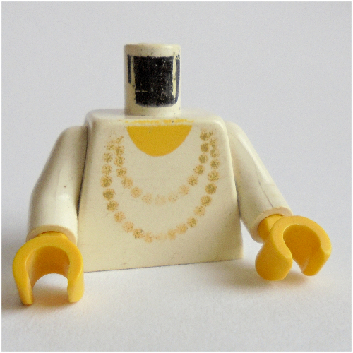 Torse, collier or et jaune motif imprimé au cou, bras blancs, mains jaunes (Torso, Necklace Gold and Yellow Neck Print, White Arms, Yellow Hands)