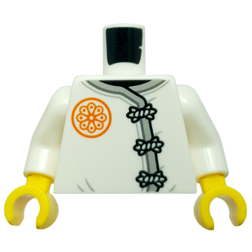 Torse, tunique, bord gris bleuté clair, pinces noires, motif imprimé symbole orange, bras blancs, mains jaunes (Torso, Tunic, Light Bluish Grey Trim, Black Clamps, Orange Symbol Print, White Arms, Yellow Hands)