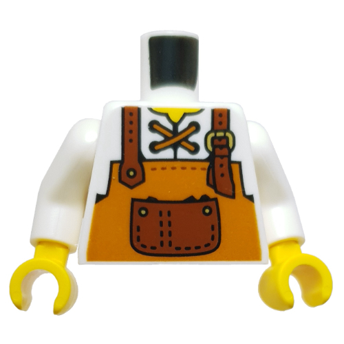 Torse, tablier orange foncé, poche brun rougeâtre, bretelles, motif imprimé lacets nougat, bras blancs, mains jaunes (Torso, Dark Orange Apron, Reddish Brown Pocket, Straps, Nougat Laces Print, White Arms, Yellow Hands)