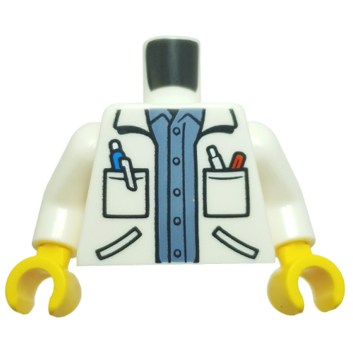 Torse, manteau de médecin, poches avec stylos, chemise bleu moyen imprimé, bras blancs, mains jaunes (Torso, Doctor Coat, Pockets with Pens, Medium Blue Shirt Print, White Arms, Yellow Hands)