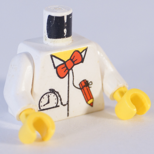 Torse, chemise avec noeud papillon rouge, crayon et montre de poche motif imprimé, bras blancs, mains jaunes (Torso, Shirt with Red Bow Tie, Pencil and Pocket Watch Print, White Arms, Yellow Hands)