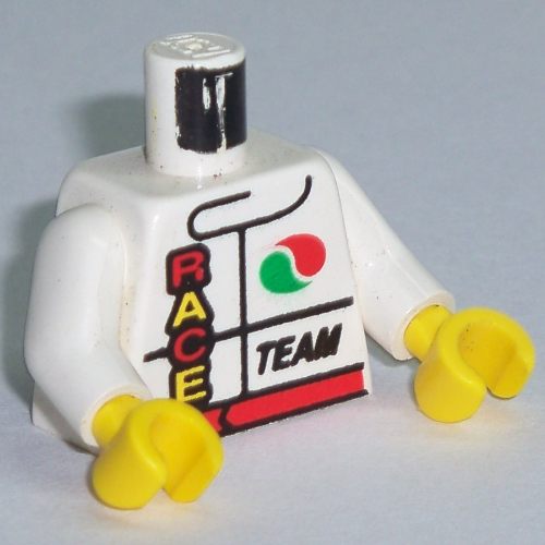 Torse, veste de course avec logo Octan et motif imprimé 'Race' et 'Team', bras blancs, mains jaunes (Torso, Racing Jacket with Octan Logo and 'Race' and 'Team' Print, White Arms, Yellow Hands)