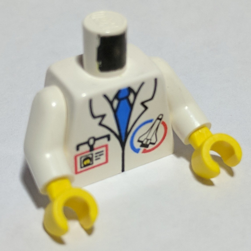 Visuel indicatif Rebrickable de Torse, veste avec logo de commande de lancement, cravate bleue et badge d'identité imprimé, bras blancs, mains jaunes (Torso, Jacket with Launch Command Logo, Blue Tie and ID Badge Print, White Arms, Yellow Hands)