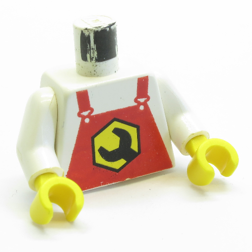 Torse, salopette, rouge avec clé Logo imprimé, bras blancs, mains jaunes (Torso, Overalls, Red with Wrench Logo Print, White Arms, Yellow Hands)