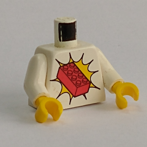 Visuel indicatif Rebrickable de Torse, Rouge 2 x 4 brique motif imprimé, bras blancs, mains jaunes (Torso, Red 2 x 4 Brick Print, White Arms, Yellow Hands)