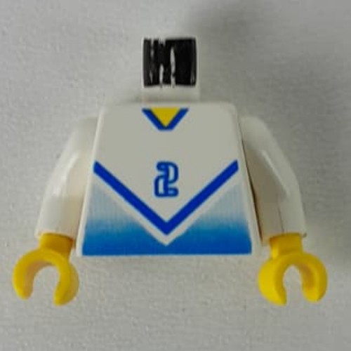 Visuel indicatif Rebrickable de Torse, Chemise de football avec Chevron bleu et '2' devant et dos imprimé, bras blancs, mains jaunes (Torso, Soccer Shirt with Blue Chevron and '2' Front and Back Print, White Arms, Yellow Hands)