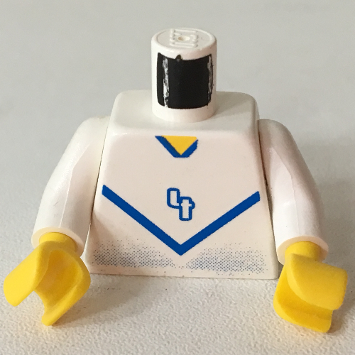 Visuel indicatif Rebrickable de Torse, Chemise de football avec Chevron bleu et '4' devant et dos imprimé, bras blancs, mains jaunes (Torso, Soccer Shirt with Blue Chevron and '4' Front and Back Print, White Arms, Yellow Hands)