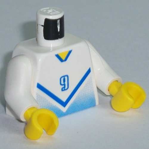 Torse, Chemise de football avec Chevron bleu et '9' devant et dos imprimé, bras blancs, mains jaunes (Torso, Soccer Shirt with Blue Chevron and '9' Front and Back Print, White Arms, Yellow Hands)