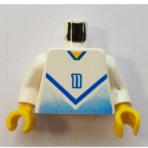 Visuel indicatif Rebrickable de Torse, Chemise de football avec Chevron bleu et '11' devant et dos imprimé, bras blancs, mains jaunes (Torso, Soccer Shirt with Blue Chevron and '11' Front and Back Print, White Arms, Yellow Hands)