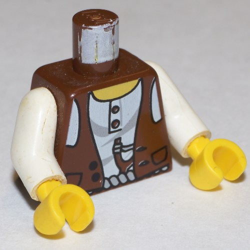 Visuel indicatif Rebrickable de Torse, gilet sur chemise blanche, motif imprimé fronde, bras blancs, mains jaunes (Torso, Vest over White Shirt, Slingshot Print, White Arms, Yellow Hands)