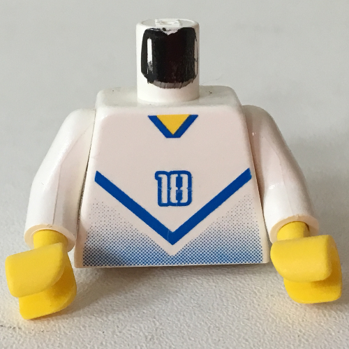 Visuel indicatif Rebrickable de Torse, Chemise de football avec Chevron bleu et '18' devant et dos imprimé, bras blancs, mains jaunes (Torso, Soccer Shirt with Blue Chevron and '18' Front and Back Print, White Arms, Yellow Hands)