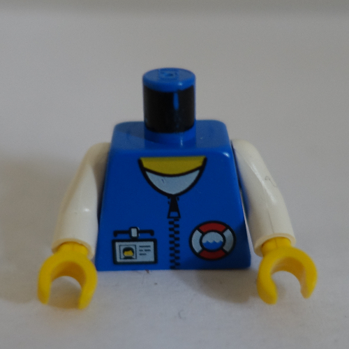 Torse, Gilet avec logo de la garde côtière de sauvetage, étiquette de nom, col blanc, motif imprimé à glissière, bras blancs, mains jaunes (Torso, Vest with Rescue Coast Guard Logo, Name Tag, White Collar, Zipper Print, White Arms, Yellow Hands)