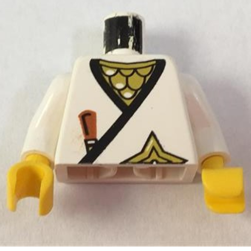 Visuel indicatif Rebrickable de Torse, enveloppe, poignard brun, étoile d'or, motif imprimé armure à écailles d'or, bras blancs, mains jaunes (Torso, Wrap, Brown Dagger, Gold Star, Gold Scale Mail Print, White Arms, Yellow Hands)