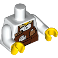 Visuel indicatif Rebrickable de Torse, chemise, tablier brun rougeâtre avec insigne de café, insigne de nom 'Larry' et motif imprimé de poche, bras blancs, mains jaunes (Torso, Shirt, Reddish Brown Apron with Coffee Shop Badge, 'Larry' Name Badge, and Pocket Print, White Arms, Yellow Hands)