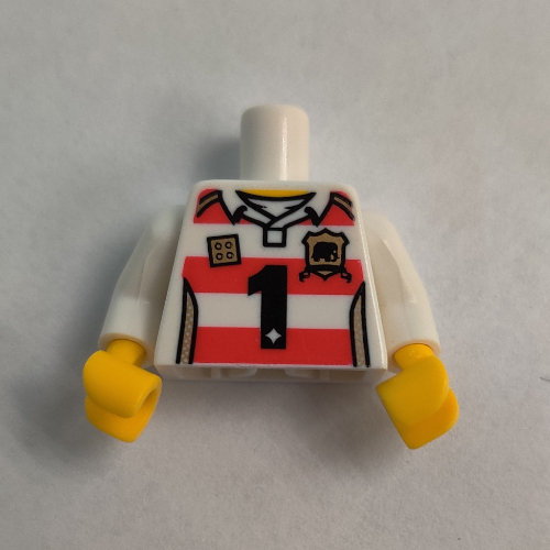 Torse, bandes horizontales rouges avec motif imprimé noir '1' et doré brique et bouclier, bras blancs, mains jaunes (Torso, Horizontal Red Stripes with Black '1' and Golden Brick and Shield Print, White Arms, Yellow Hands)