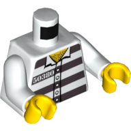 Torse, chemise de prison, '50380', rayures gris foncé bleuâtre, 5 boutons, motif imprimé poitrine poilue, bras blancs, mains jaunes (Torso, Prison Shirt, '50380', Dark Bluish Gray Stripes, 5 Buttons, Hairy Chest Print, White Arms, Yellow Hands)