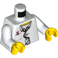 Torse, manteau de laboratoire d'hôpital, col ouvert, stéthoscope, stylo de poche et modèle imprimé de thermomètre, bras blancs, mains jaunes (Torso, Hospital Lab Coat, Open Collar, Stethoscope, Pocket Pen and Thermometer Print, White Arms, Yellow Hands)