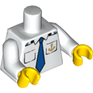 Torse, logo d'ancre de bateau, cravate bleue, motif imprimé deux poches, bras blancs, mains jaunes (Torso, Boat Anchor Logo, Blue Tie, Two Pockets Print, White Arms, Yellow Hands)