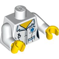Visuel indicatif Rebrickable de Torse, chemise, avec col ouvert et Fob Montre motif imprimé, bras blancs, mains jaunes (Torso, Shirt, with Open Collar and Fob Watch Print, White Arms, Yellow Hands)