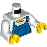 Torse, Chemise col en V avec salopette bleue, Motif imprimé poche avant, bras blancs, mains jaunes (Torso, V-Neck Shirt with Blue Overalls, Front Pocket Print, White Arms, Yellow Hands)