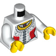 Torse, blouse avec des panneaux latéraux rouges et garniture de dentelle, motif imprimé collier rubis, bras blancs, mains jaunes (Torso, Blouse with Red Side Panels and Lace Trim, Ruby Necklace Print, White Arms, Yellow Hands)