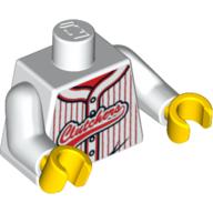 Visuel indicatif Rebrickable de Torse, Maillot de baseball, Rayures rouges verticales avec boutons et 'Clutchers' Logo motif imprimé, bras blancs, mains jaunes (Torso, Baseball Jersey, Vertical Red Stripes with Buttons and 'Clutchers' Logo Print, White Arms, Yellow Hands)