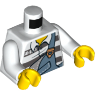 Torse, chemise de prison, salopettes déchirées sur motif imprimé de rayures de prison, bras blancs, mains jaunes (Torso, Prison Shirt, Torn Overalls over Prison Stripes Print, White Arms, Yellow Hands)