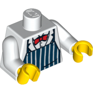 Visuel indicatif Rebrickable de Torse, tablier bleu foncé avec rayures blanches, motif : nœud papillon rouge, bras blancs, mains jaunes (Torso, Dark Blue Apron with White Stripes, Red Bow Tie Print, White Arms, Yellow Hands)