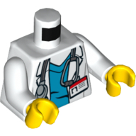 Visuel indicatif Rebrickable de Torse, blouse de laboratoire d'hôpital, gommages azur foncé, badge d'identité et motif imprimé stéthoscope, bras blancs, mains jaunes (Torso, Hospital Lab Coat, Dark Azure Scrubs, ID Badge and Stethoscope Print, White Arms, Yellow Hands)