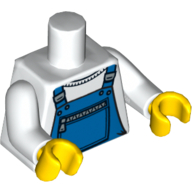 Visuel indicatif Rebrickable de Torse, salopette bleu avec motif imprimé poche avant zippée, bras blancs, mains jaunes (Torso, Overalls Blue with Zippered Front Pocket Print, White Arms, Yellow Hands)