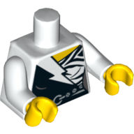 Visuel indicatif Rebrickable de Torse, costume de boby avec éclair blanc, rayures de tigre noir, motif imprimé ceinture, bras blancs, mains jaunes (Torso, Boby Suit with White Lightning Bolt, Black Tiger Stripes, Belt Print, White Arms, Yellow Hands)