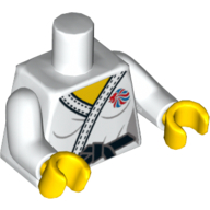 Visuel indicatif Rebrickable de Torse, Judo Kimono avec ceinture noire et logo Team GB motif imprimé, bras blancs, mains jaunes (Torso, Judo Kimono with Black Belt and Team GB Logo Print, White Arms, Yellow Hands)