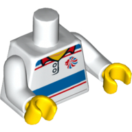Visuel indicatif Rebrickable de Torse, Polo à rayures rouges et bleues et logo Team GB motif imprimé, bras blancs, mains jaunes (Torso, Polo Shirt with Red and Blue Stripes and Team GB Logo Print, White Arms, Yellow Hands)