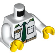 Torse, chemise, pilote d'avion, cravate verte, ceinture, connecteurs et logo motif imprimé, bras blancs, mains jaunes (Torso, Shirt, Airplane Pilot, Green Tie, Belt, Epaulettes and Logo Pin Print, White Arms, Yellow Hands)