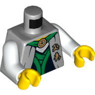 Visuel indicatif Rebrickable de Torse, robe avec ceinture verte, caractères asiatiques et or Serpent motif imprimé emblème, bras blancs, mains jaunes (Torso, Robe with Green Sash, Asian Characters and Gold Snake Emblem Print, White Arms, Yellow Hands)