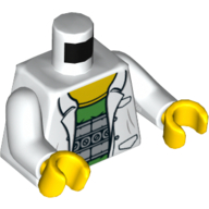 Visuel indicatif Rebrickable de Torse, Manteau de laboratoire avec poches sur motif imprimé chemise vert vif (Doc Ock), bras blancs, mains jaunes (Torso, Lab Coat with Pockets over Bright Green Shirt Print (Doc Ock), White Arms, Yellow Hands)