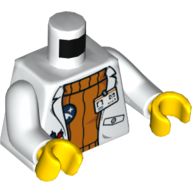 Visuel indicatif Rebrickable de Torse, Manteau de laboratoire avec poches et badge d'identité sur pull orange / Arctic Explorer Logo Arrière motif imprimé, bras blancs, mains jaunes (Torso, Lab Coat with Pockets and ID Badge over Orange Sweater / Arctic Explorer Logo Back Print, White Arms, Yellow Hands)